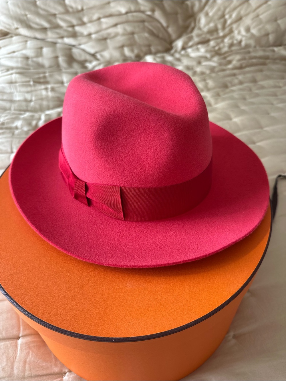 Hermes Hot Pink Felt Fedora with Ribbon Band